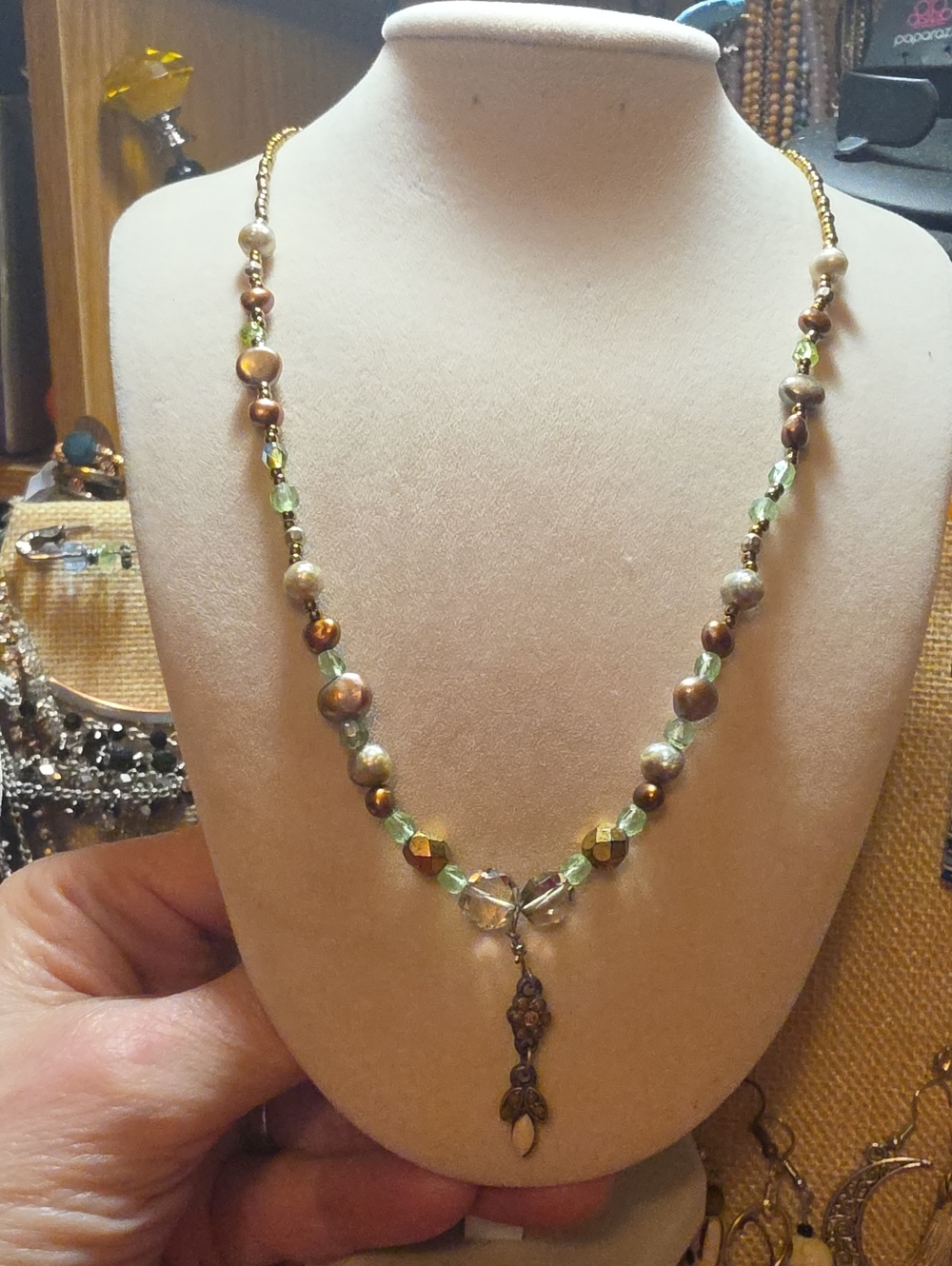 Aldo Green and Gold Pearls And Beads Necklace with Antique Gold Pendant